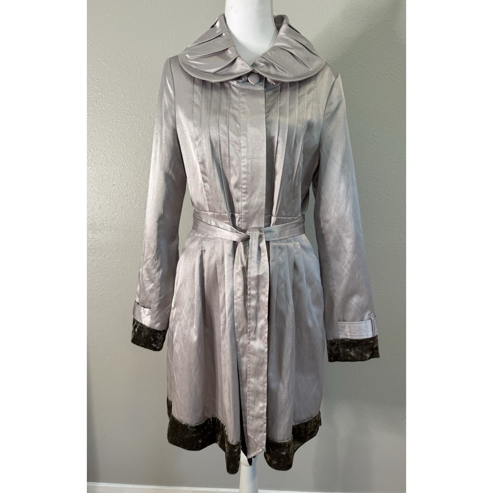 Y2K C2 Studio Metallic Silver Satin Trench Coat Velvet Trim Portrait Collar Glam